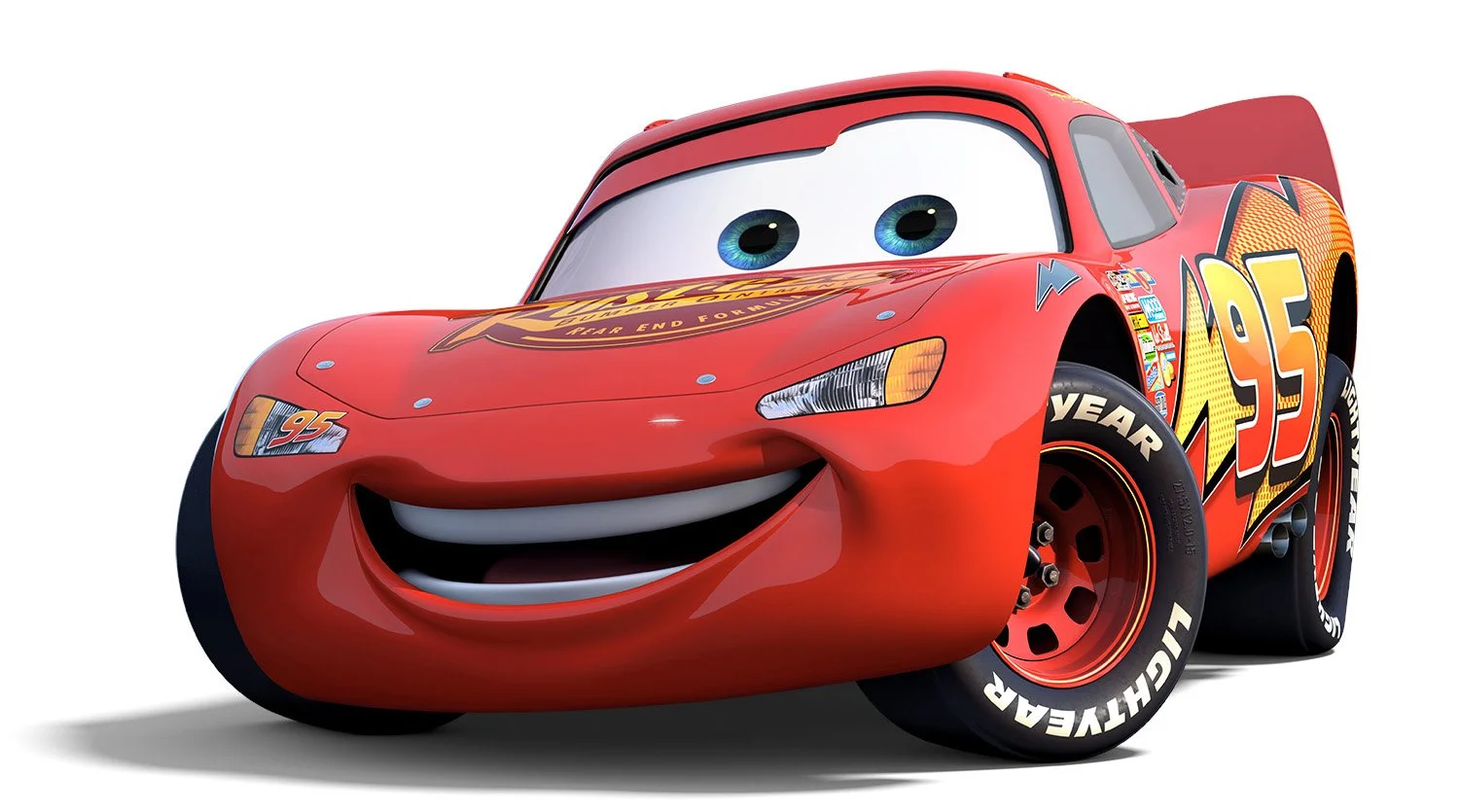 Lightning McQueen smiling, red body with yellow lightning and number 95